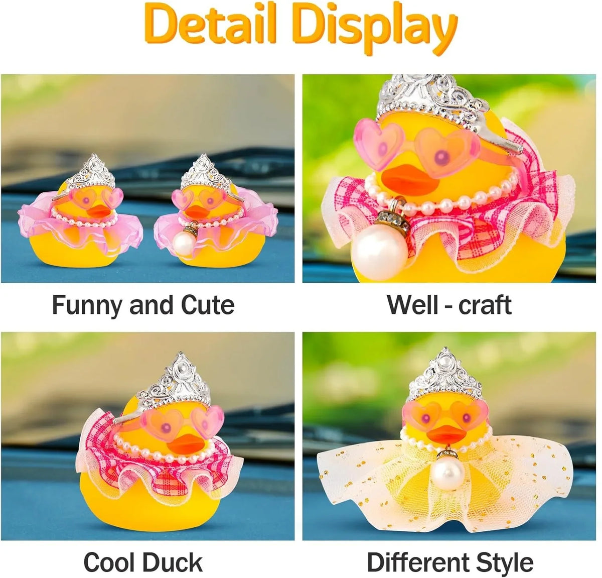 Detail display of a yellow rubber duck decoration featuring a crown, sunglasses, and pearl necklace in various styles.