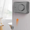 A gray retractable stainless steel clothesline mounted on a wall, with a cord extending downwards.