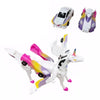 A white and purple transforming unicorn car toy with magnetic collision features shown in multiple views.