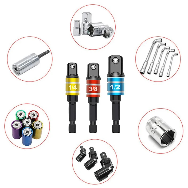 Hex Shank Socket Adapter Set for Power Drills (1/4, 3/8, 1/2 Inch)