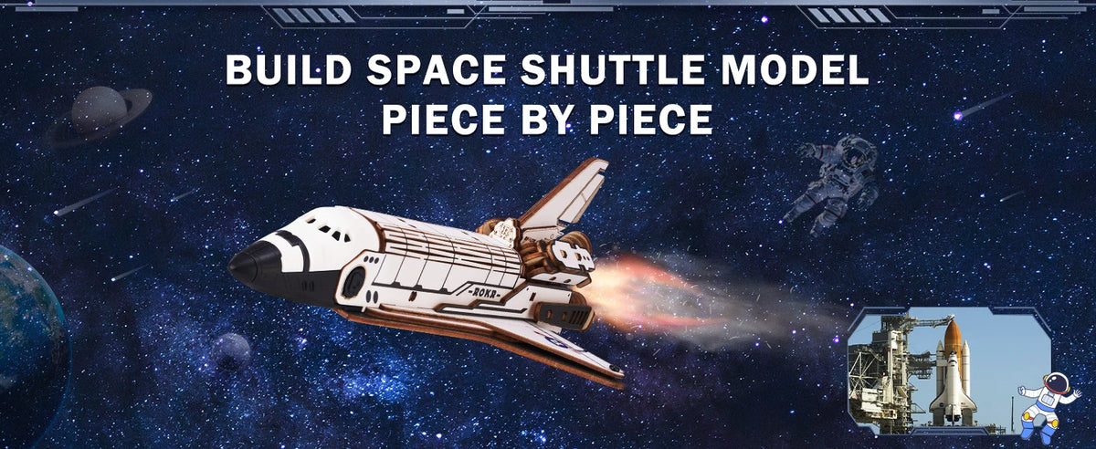 A detailed wooden space shuttle model kit is shown mid-launch against a dark starry background.