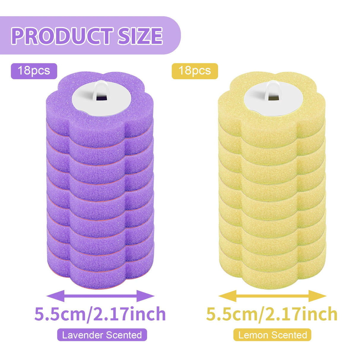 Two disposable toilet brush kits are shown, one purple lavender scented and one yellow lemon scented, with dimensions listed.