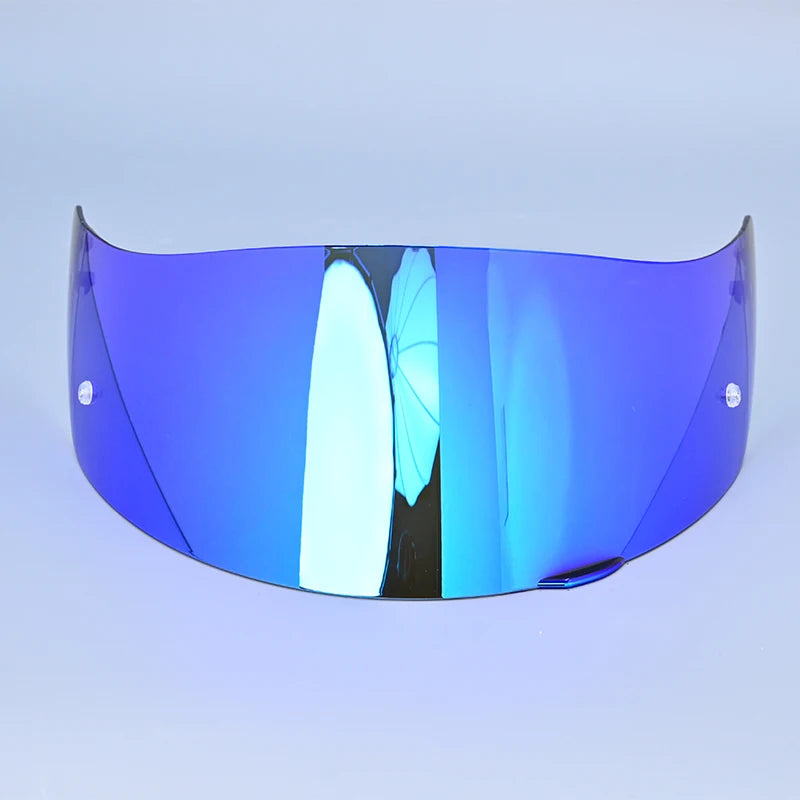 A vibrant blue motorcycle helmet visor lens shield displayed against a light background.