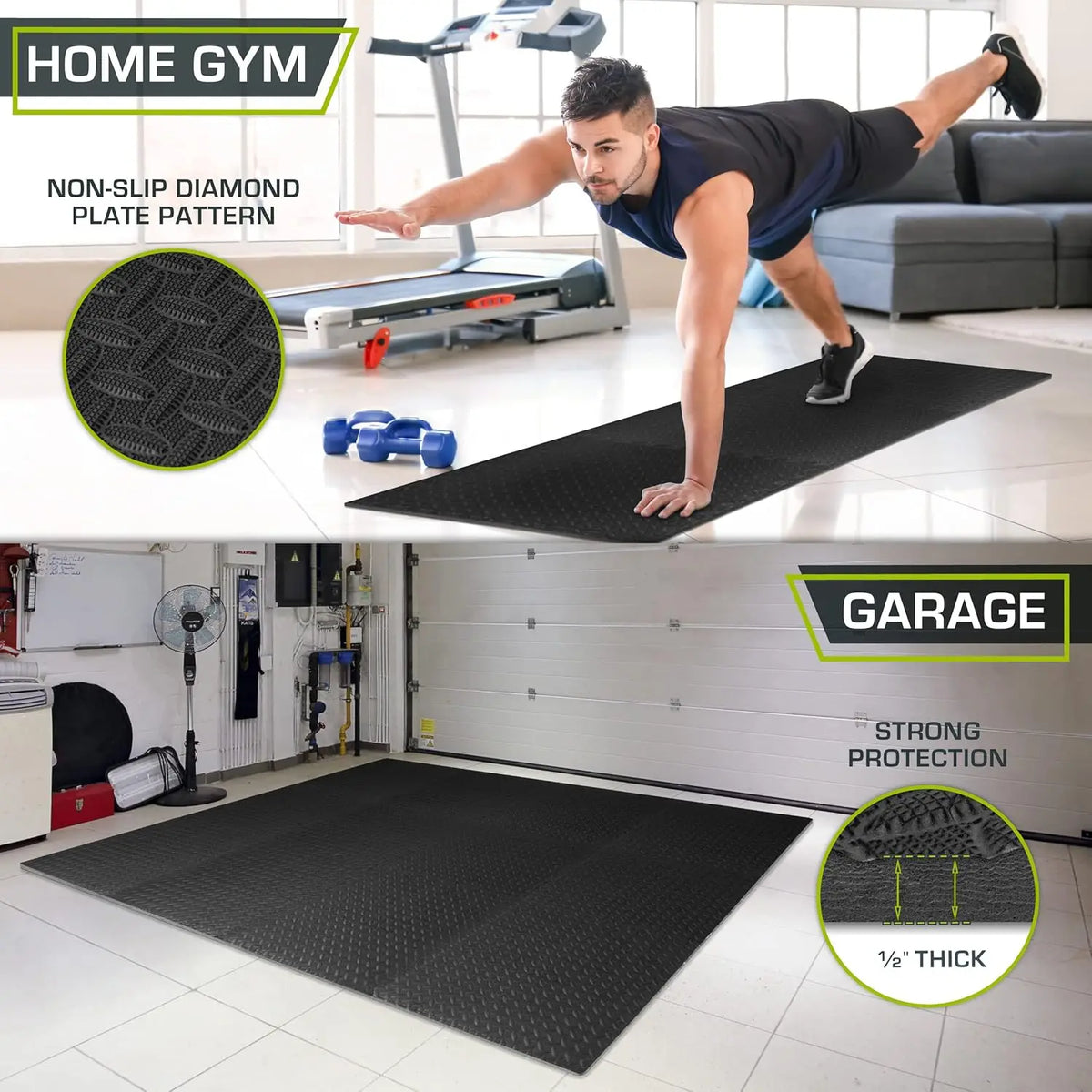 Black interlocking foam exercise mats shown in use for home gym and garage flooring with a close-up of the non-slip diamond p