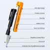 An orange pen-shaped non-contact AC voltage detector with various components labeled.