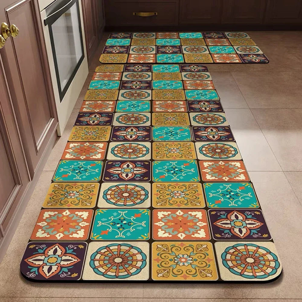 A long rectangular floor mat featuring a colorful geometric pattern of teal, orange, yellow, and purple tiles.