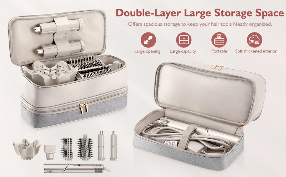 A double-layer large storage case for hair tools and accessories, showing the interior and various tools.