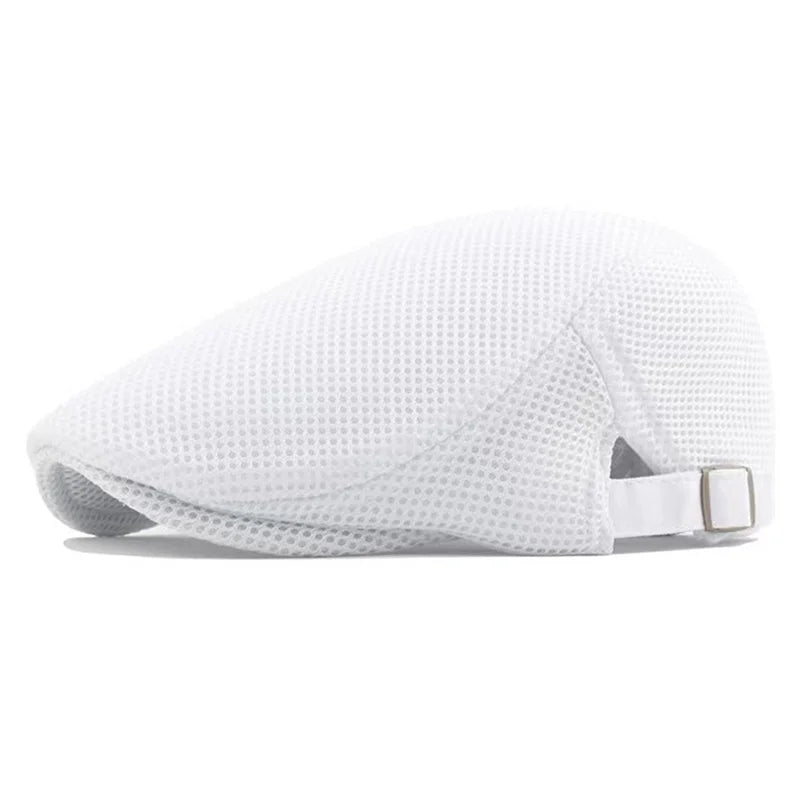 White men's breathable mesh newsboy cap shown from the side.