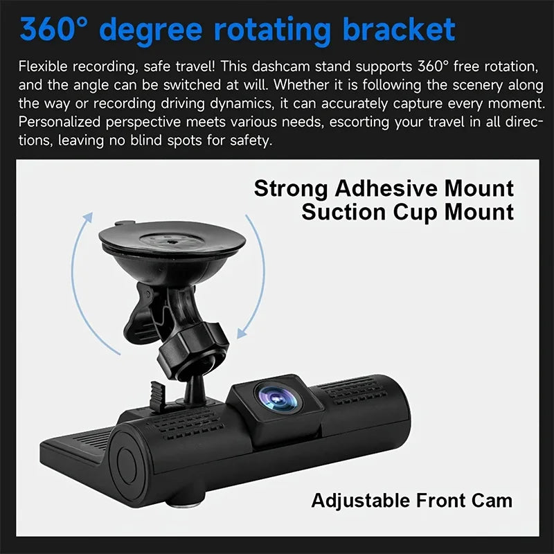 Black 4-inch dual view dashcam with an adjustable front camera mounted on a suction cup