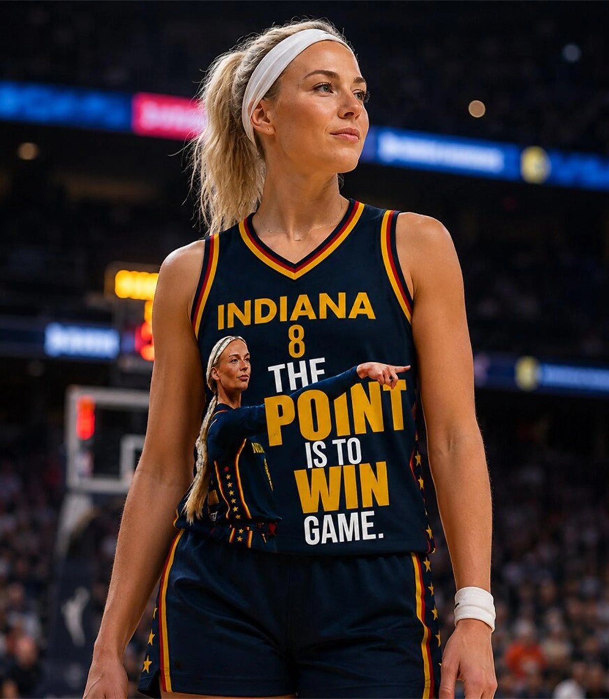 Indiana University basketball player wearing a navy blue jersey and white headband during a game.