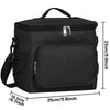 Black insulated canvas lunch bag with adjustable strap shown from the top and side.