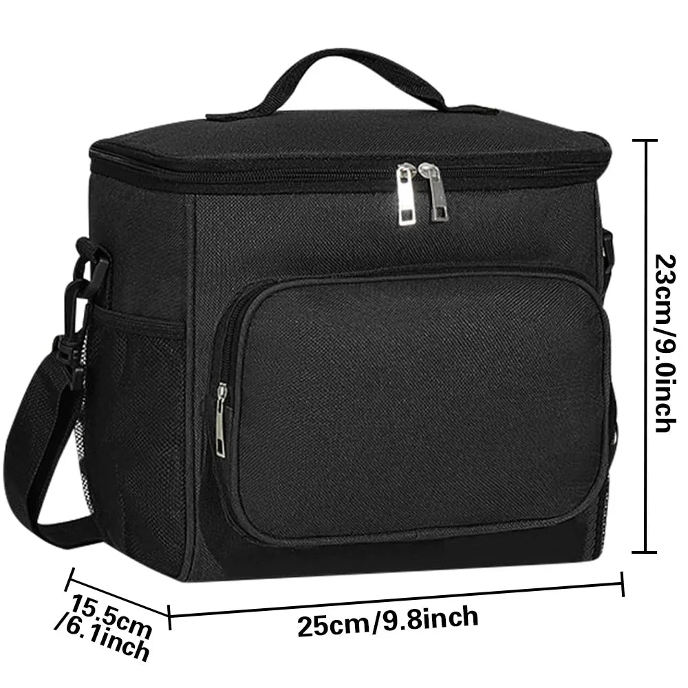 Black insulated canvas lunch bag with adjustable strap shown from the top and side.