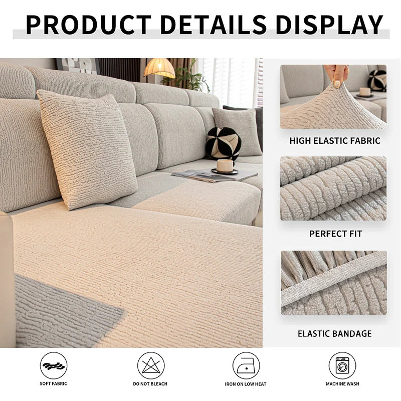 Muestra de una funda de cojín para sofá elástico beige, con detalles de la tela e instrucciones de cuidado.