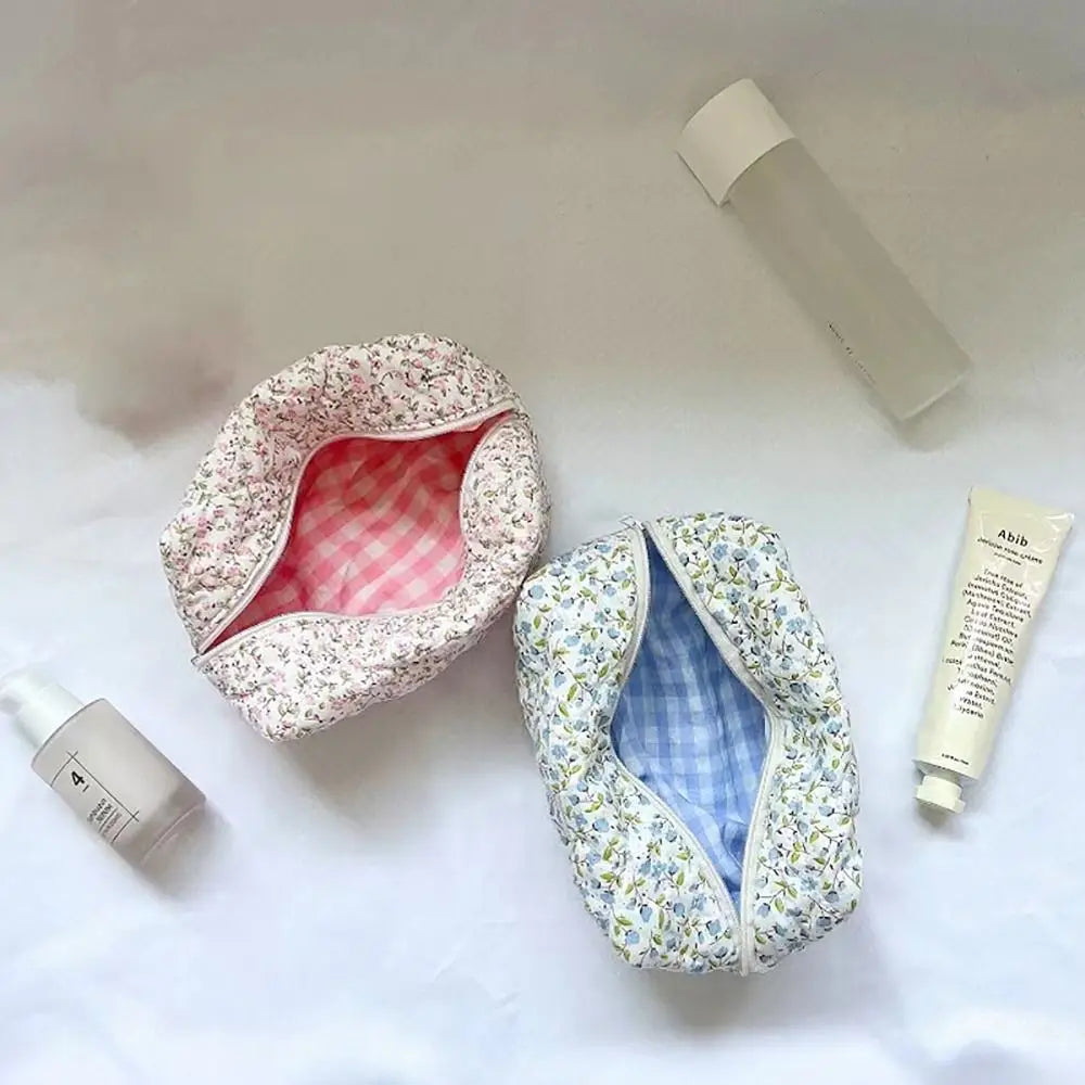 Quilted Floral Makeup Bag with Zipper Closure