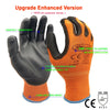Orange and black PU-coated work gloves shown with various features like perfect sensitivity and flexible material.