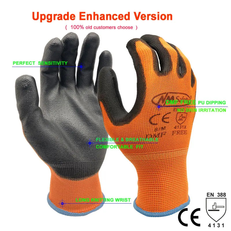Orange PU dipping work gloves shown with CE certification and features like perfect sensitivity and flexible fit