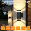 Modern up and down LED wall sconce providing bright outdoor lighting with all-weather resistance.