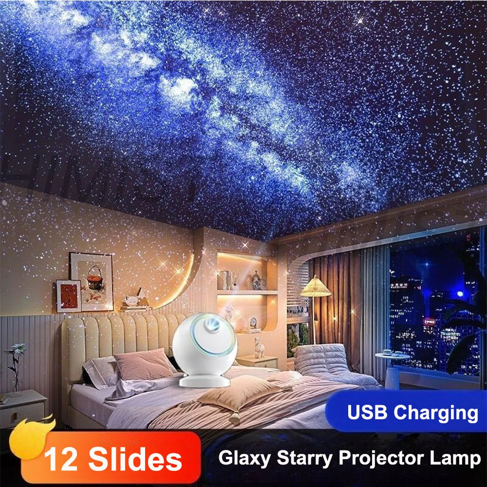 A projector lamp displaying a starry night sky projection in a bedroom setting.