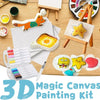 A colorful 3D magic canvas painting kit showing various textures and paint applications on paper.