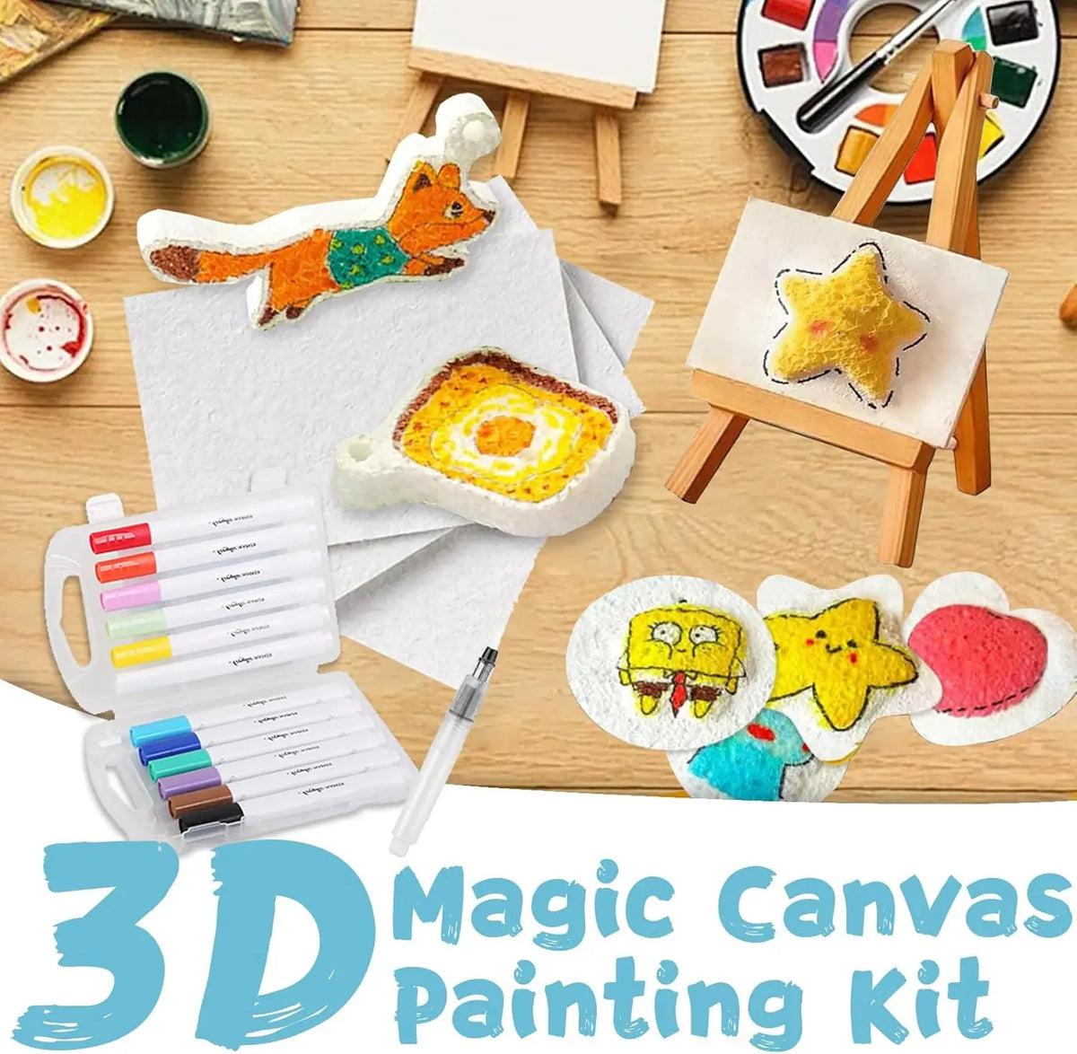 A colorful 3D magic canvas painting kit showing various textures and paint applications on paper.