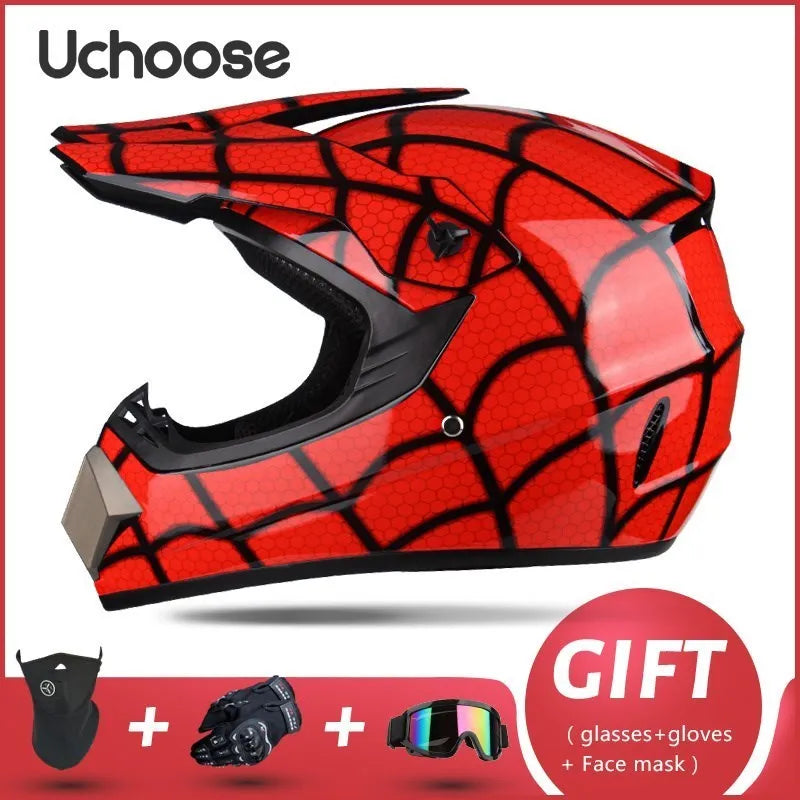 Red Uchoose full-face off-road helmet with black accents and a gift package.