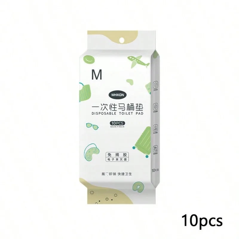 Pack of 10 disposable toilet pads or seat covers for portable hygiene.