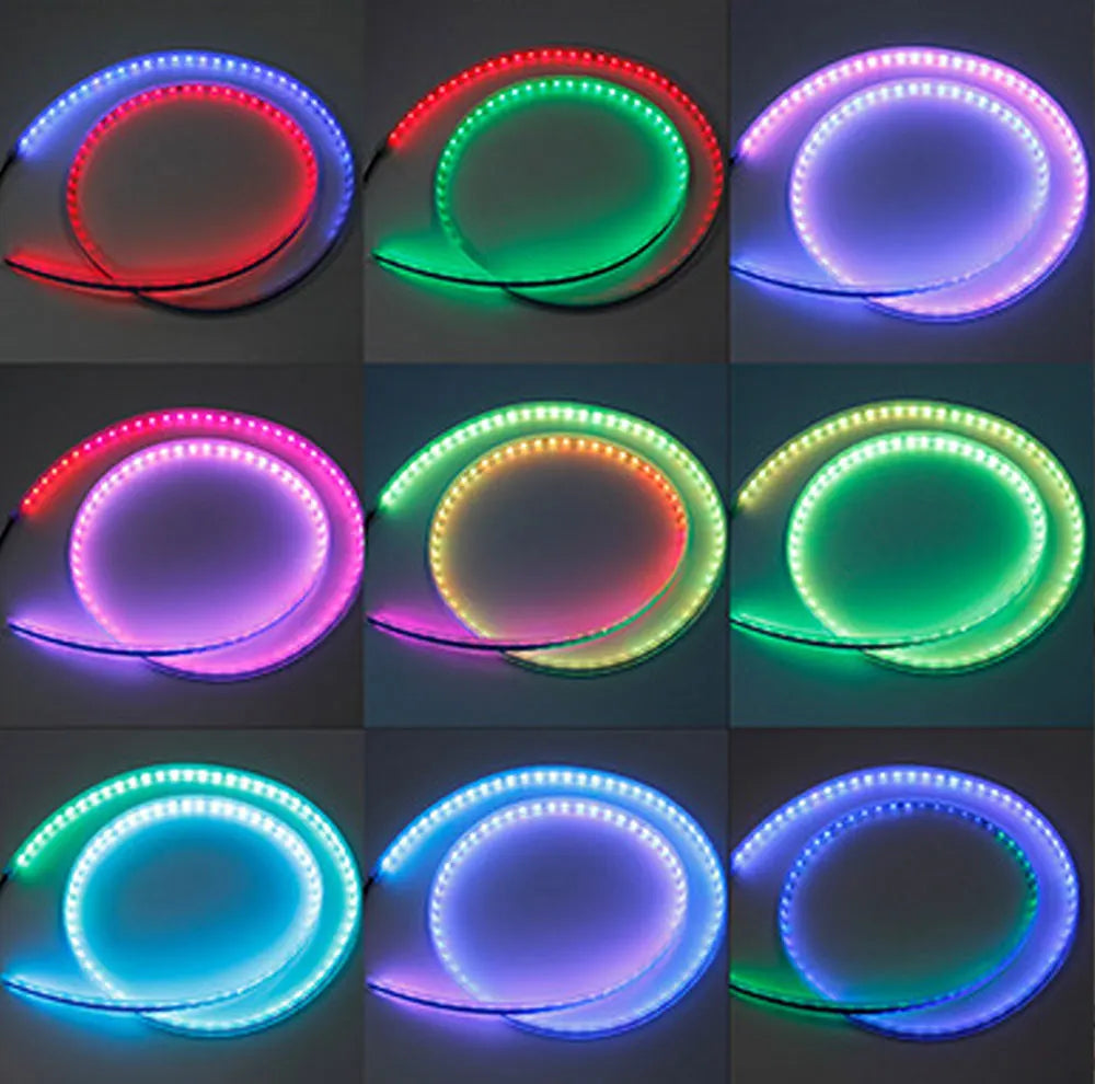 A grid showing various colors of an RGB LED car hood light strip illuminating a circular area.