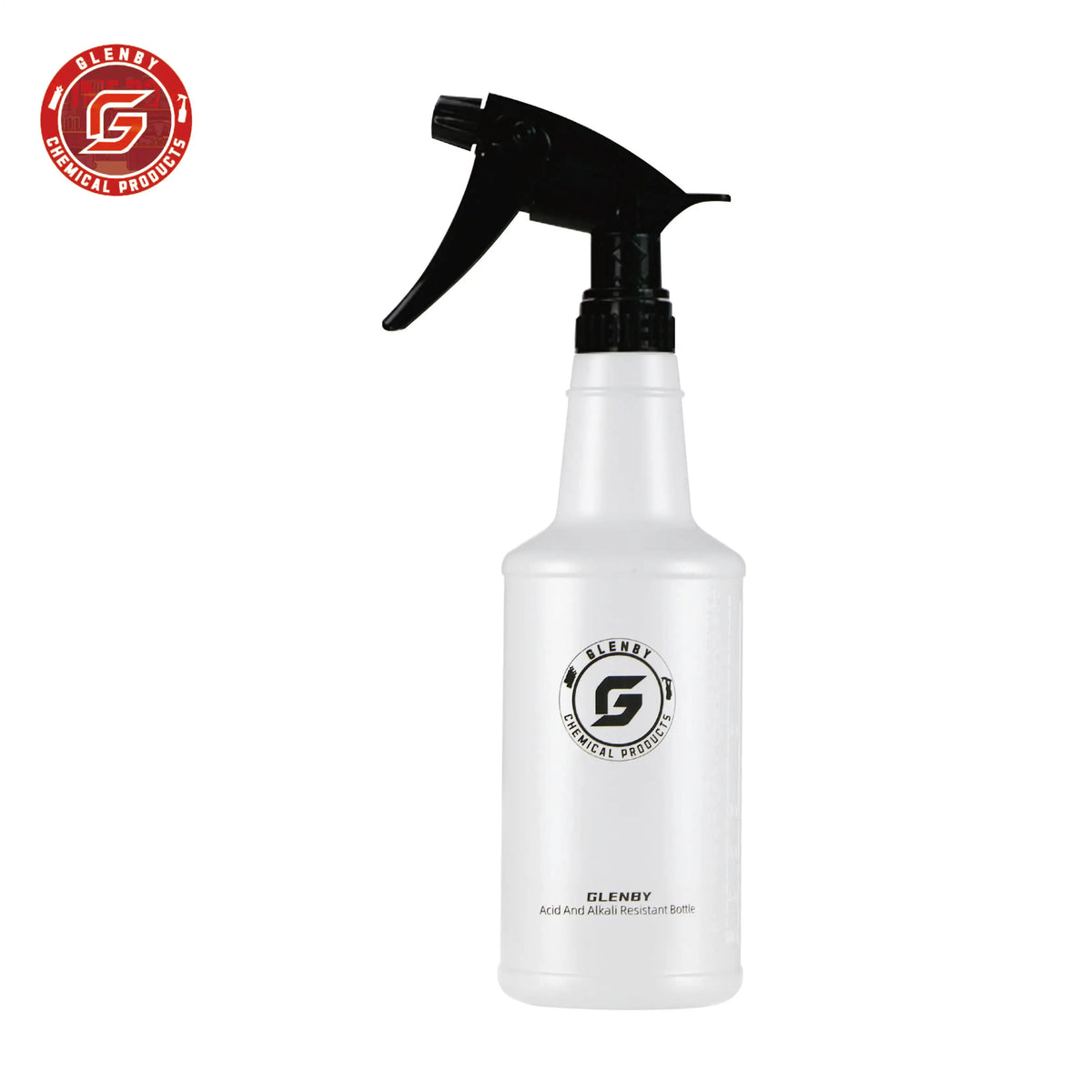 A white plastic spray bottle with a black nozzle and pump mechanism for cleaning products.