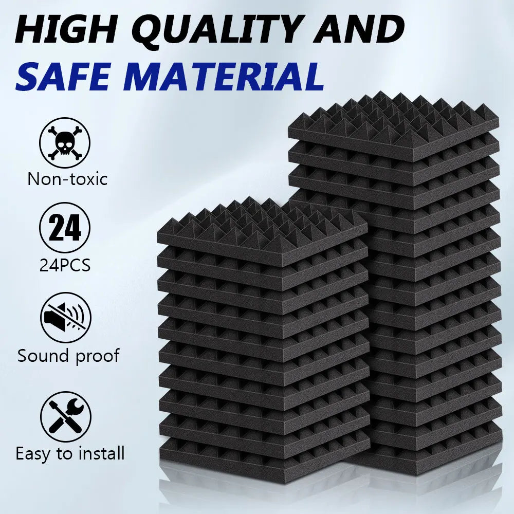 A stack of black pyramid acoustic foam panels for soundproofing and insulation.