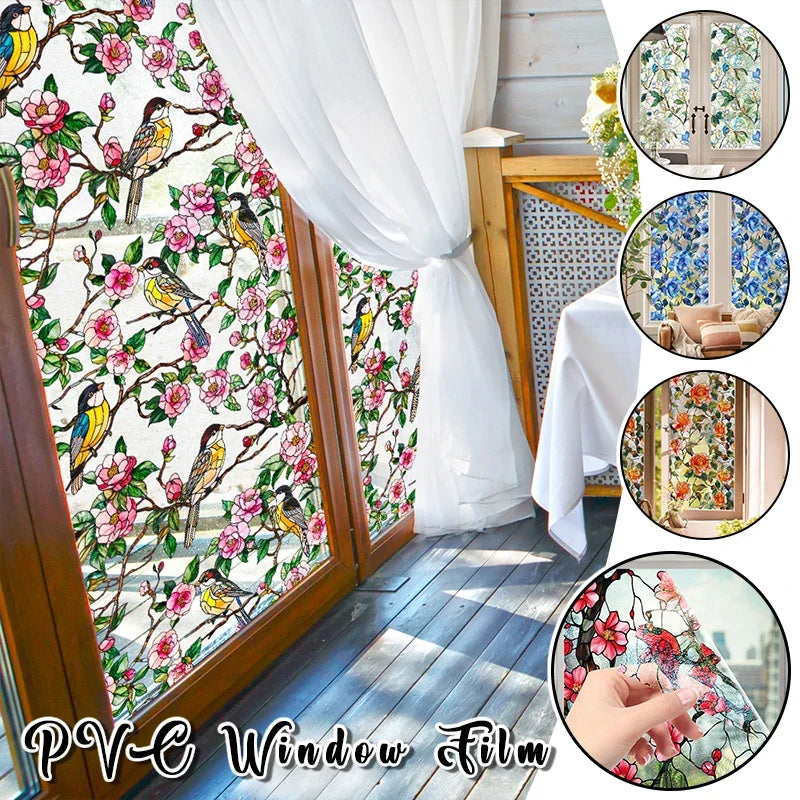 Close-up of a PVC window film featuring floral stained glass designs used for privacy and decoration.