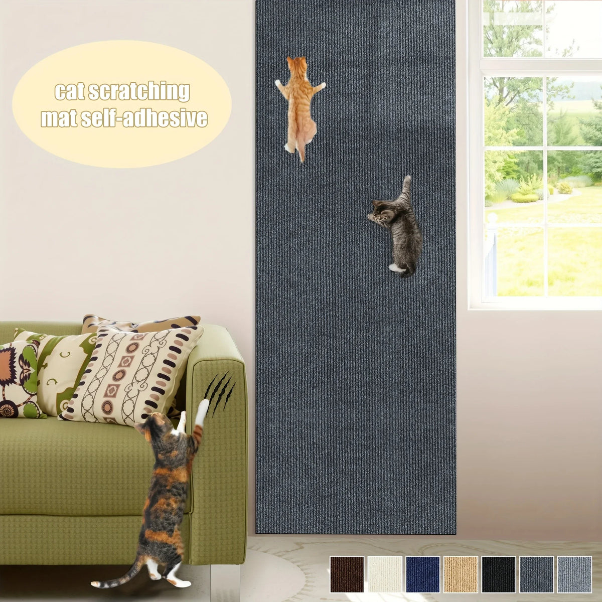 A dark gray self-adhesive cat scratching mat protector is shown on a wall with cats climbing it, next to a green sofa.
