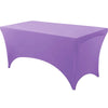 A purple stretchable spandex tablecloth covering a rectangular table.