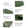 A green PU leather laptop sleeve showing various features like smooth feel, exquisite craft, soft material, and plush inside.
