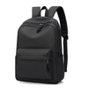 A black minimalist unisex canvas backpack with two zippered compartments and adjustable straps.