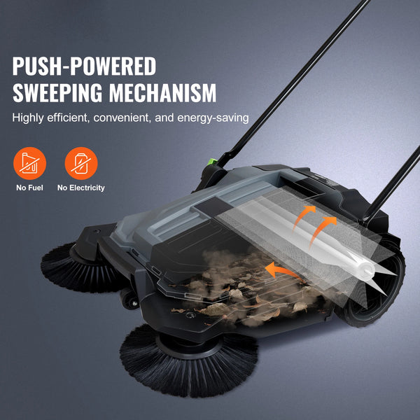 A push-powered sweeping mechanism for a floor sweeper device with rotating brushes.