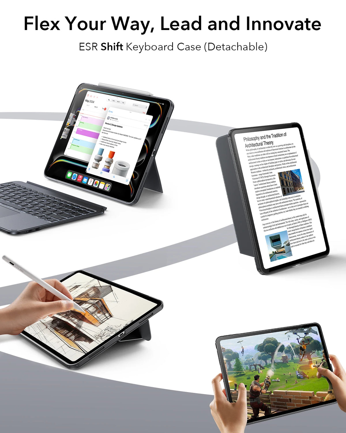 Estuche de teclado magnético y desmontable flexible para iPad, mostrado en varios contextos.