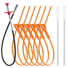 A set of orange drain clog remover and hair catcher cleaning tools with a handle.