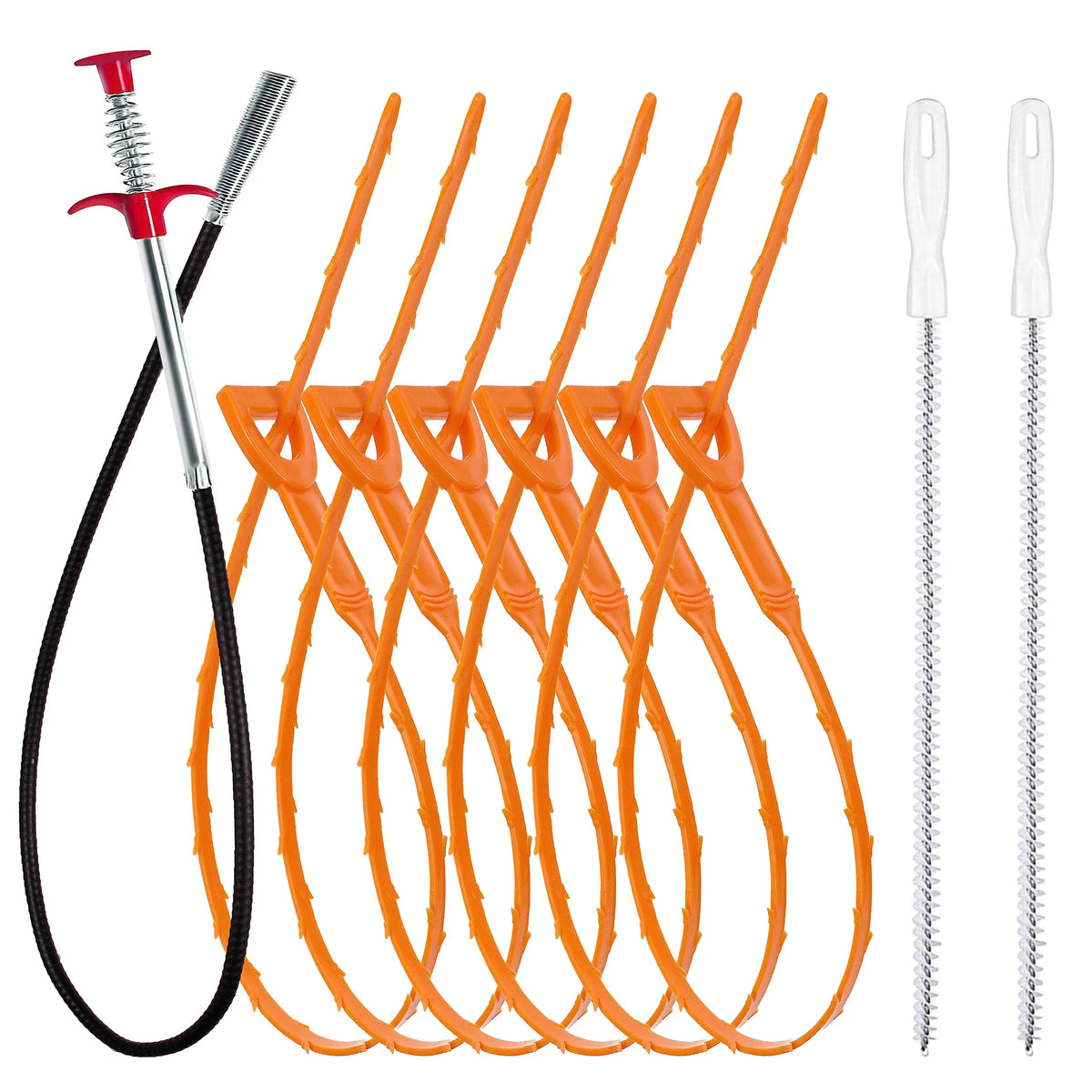 A set of orange drain clog remover and hair catcher cleaning tools with a handle.