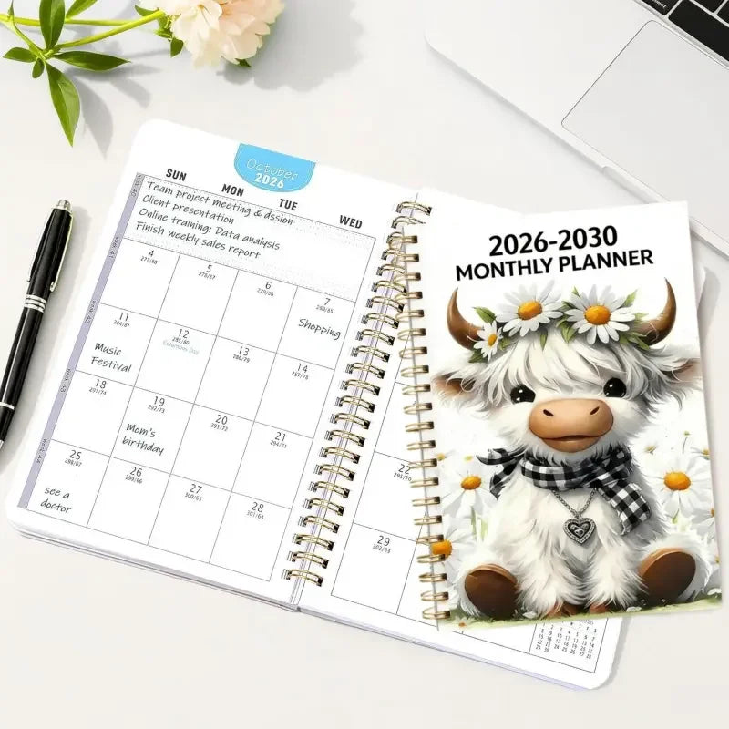 5-Year Monthly Planner with Highland Cow Cover (2026–2030)