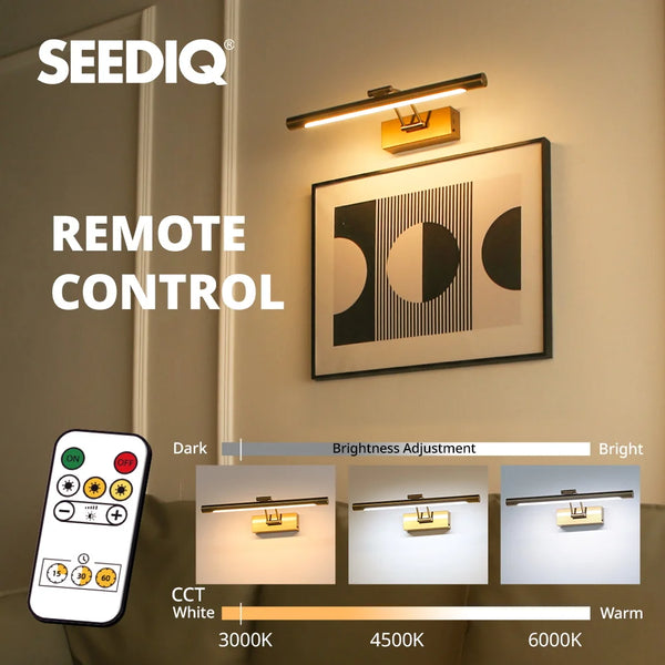 A wireless LED wall sconce is shown mounted on a wall, with a remote control and brightness adjustment options displayed belo