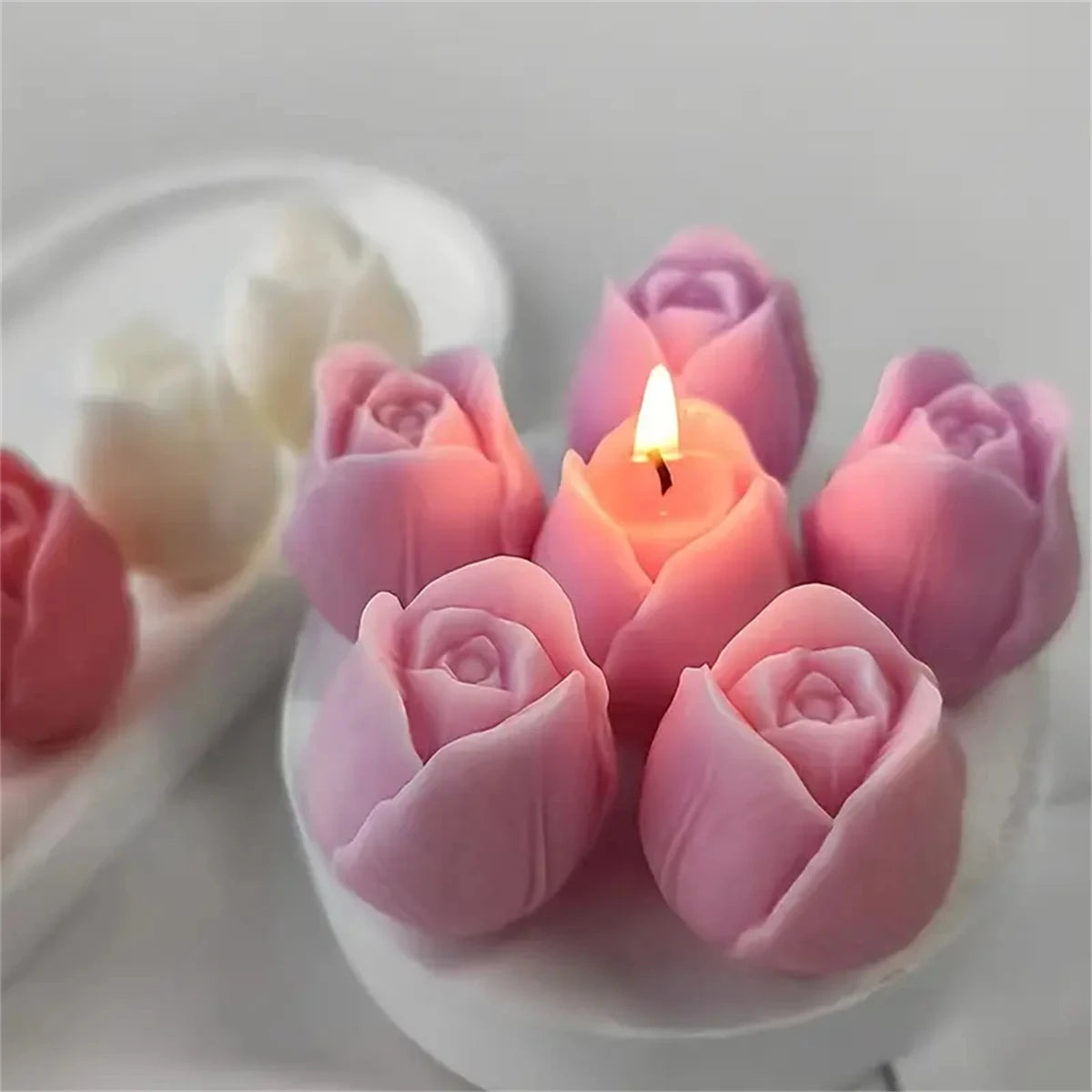 Pink silicone tulip molds for making candles and soap