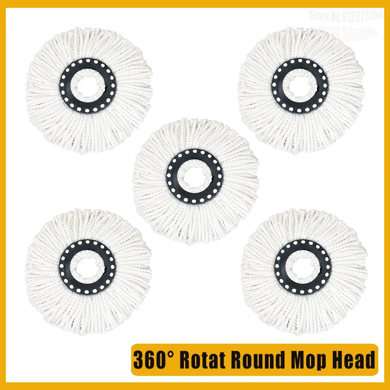 A set of white microfiber mop heads with black accents, designed for 360° rotation.