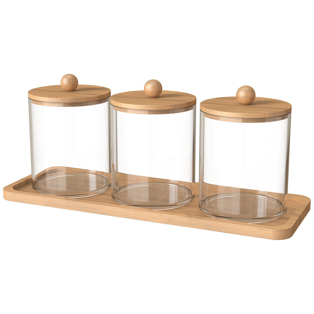 A set of three clear acrylic bathroom storage jars with bamboo lids displayed on a wooden tray.