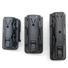 Black tactical duty belt holder with 360 degree rotation shown in three views