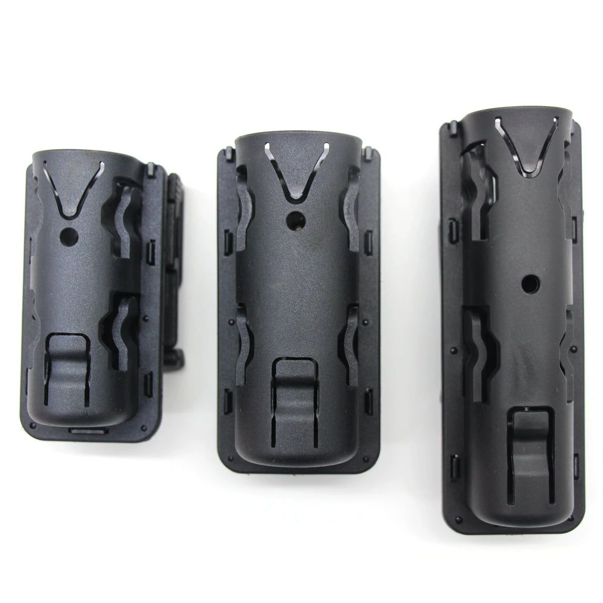 Black tactical duty belt holder with 360 degree rotation shown in three views