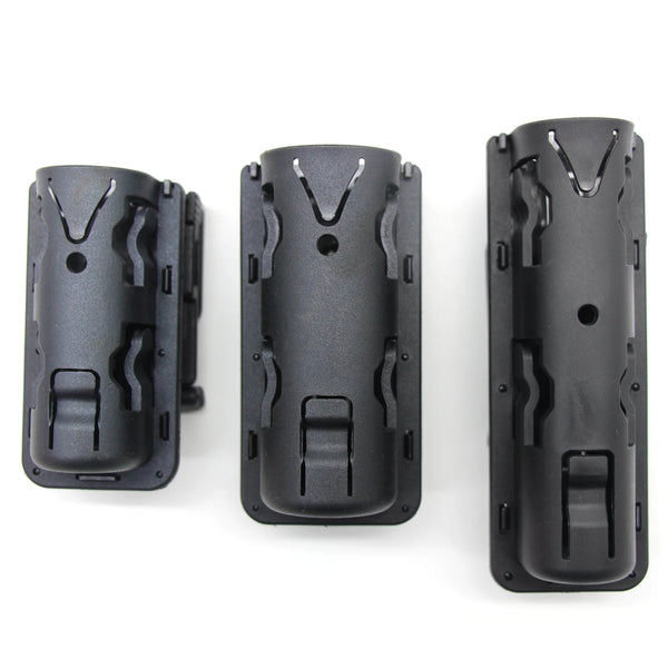 Black tactical duty belt holder with 360 degree rotation shown in three views