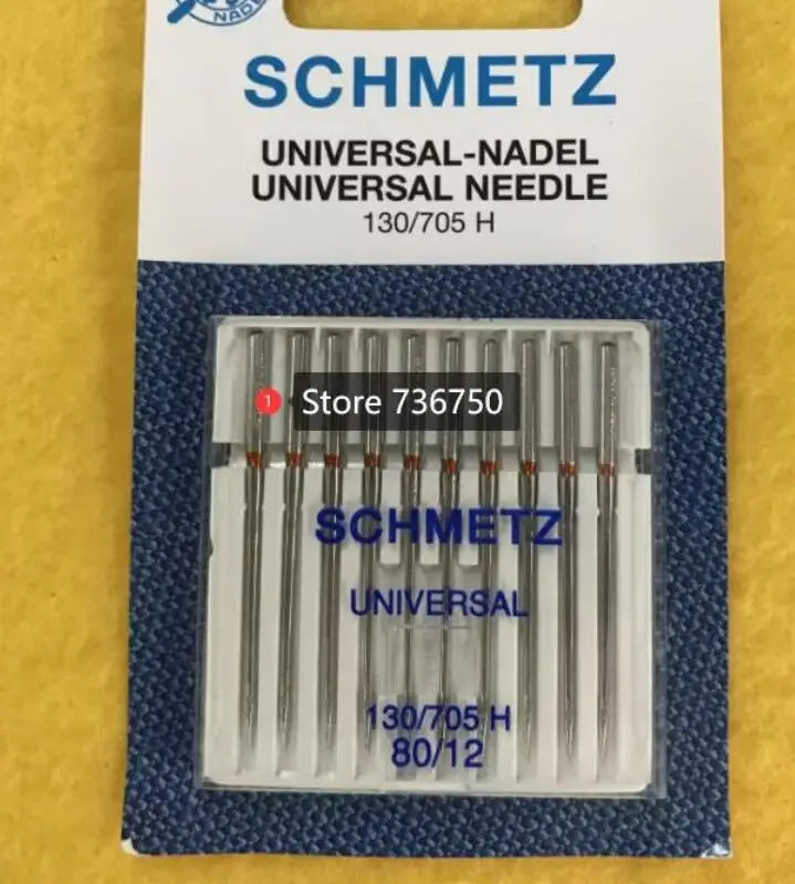 Pack of ten Schmetz universal sewing machine needles labeled 130/705 H 80/12