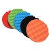 A set of five colored foam polishing pads for car detailing, including red, green, blue, black, and orange.
