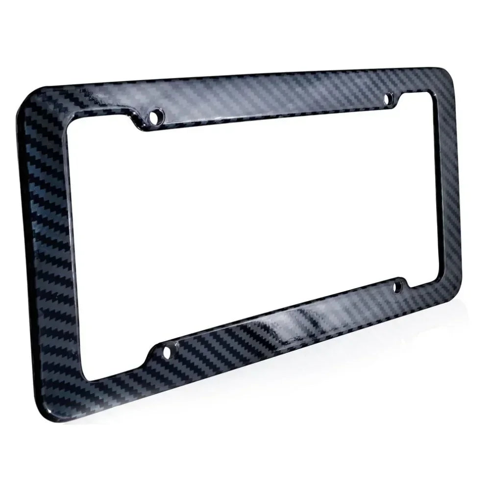 Marco de matrícula de fibra de carbono negra con un recorte rectangular.