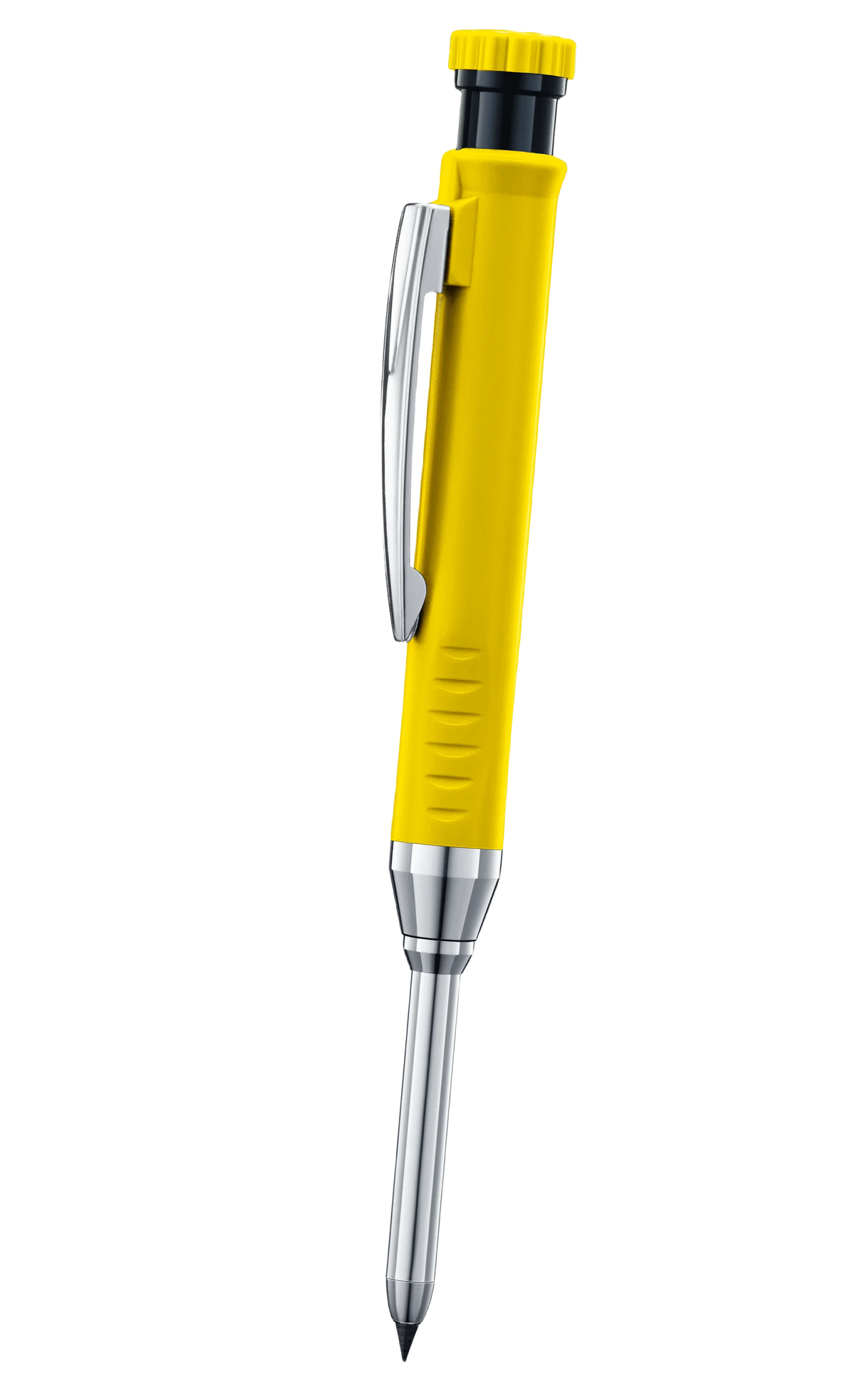 A yellow solid wood carpenter's mechanical pencil with a silver clip and metal tip.